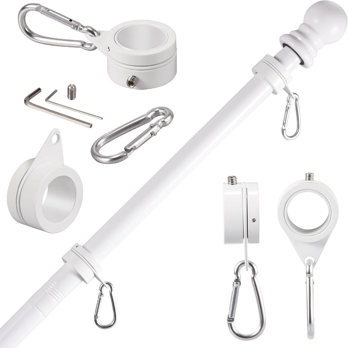 1" White Flag Pole Rings, 2 Pcs Anti Wrap Aluminum Alloy Flag Pole Clips Swivels, 360° Rotating Flagpole Flag Mounting Rings, Spinning Flag Pole Kit for 0.75-1.02" Diameter (1 Inch, White)
