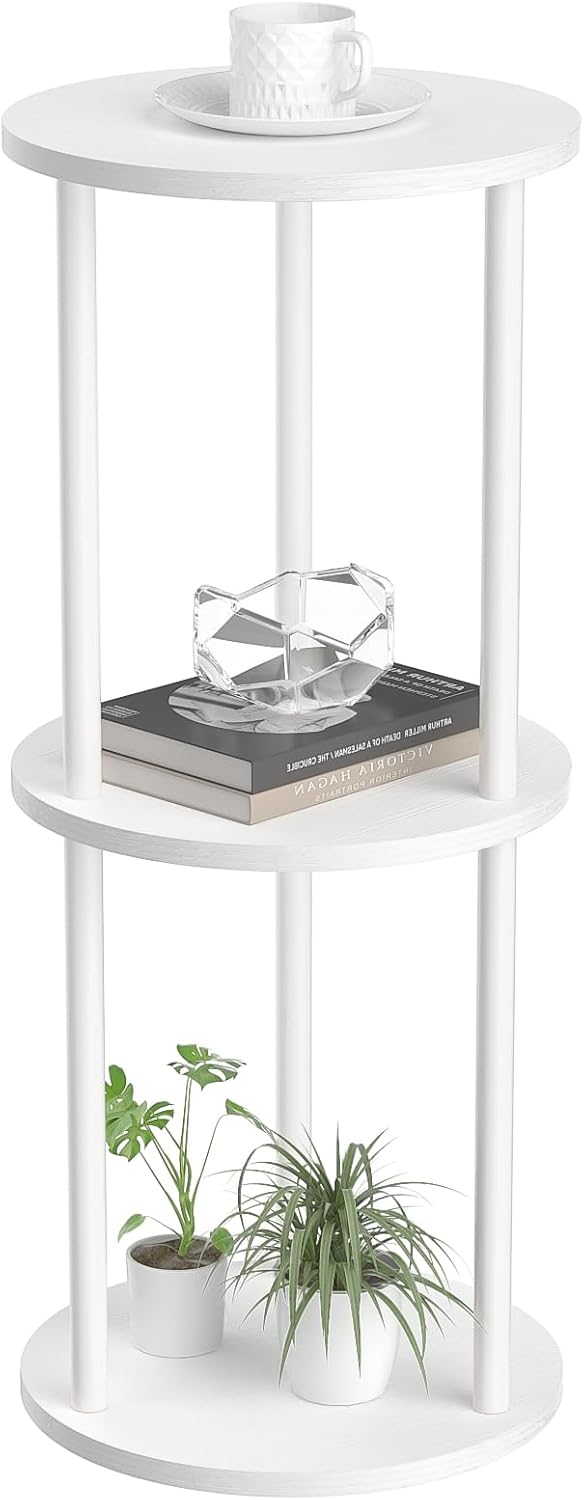 11.8'D Round Drink Table - 3-Tier Small Side Table with Wood Legs, End Table for Small Space, Balcony & Office | Space-Saving, Multi-Functional (Plants, Books, Drinks), White
