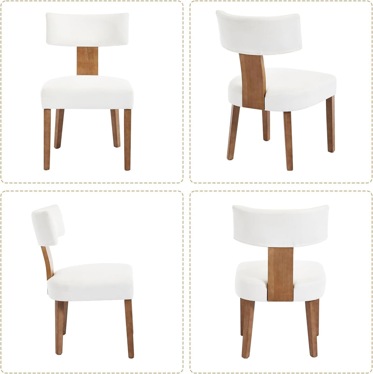 Upholstered Dining Chairs Set of 2, Mid Century Modern Linen Dining Chairs, Armless Side Chairs with Curved Back and Wood Legs for Kitchen, Dining Room, Living Room, Cream