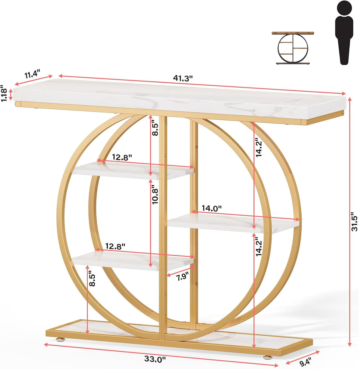 LIFECHOVY 41.3" Console Table for Entryway, Industrial Hallway Sofa Table with Storage Shelves, Narrow Accent Decor Living Room Furniture with Circle Base for Foyer, Entrance, White Gold