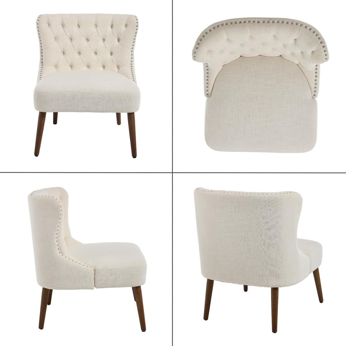 chairus Tufted Slipper Accent Chairs Set of 2, Linen Upholstered Armless Living Room Chairs with Nailhead Trim, Mid-Century Modern Wingback Side Chairs for Bedroom Office Reception, Cream White