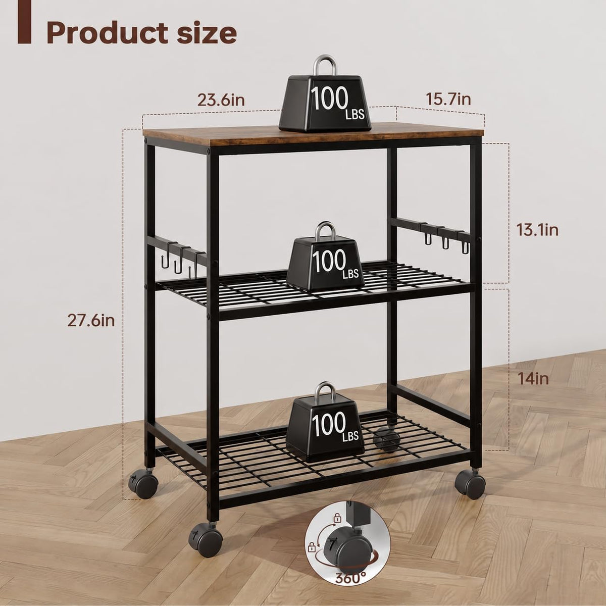 itchen Rolling Cart, 3-Tier Microwave Stand with Lockable Wheels, One-Piece Shelf, Kitchen Utility Storage Cart for Coffee Bar,Apartment, Dorm, Laundry Room, Office, 23.6" x 15.7" x 27.6", Brown