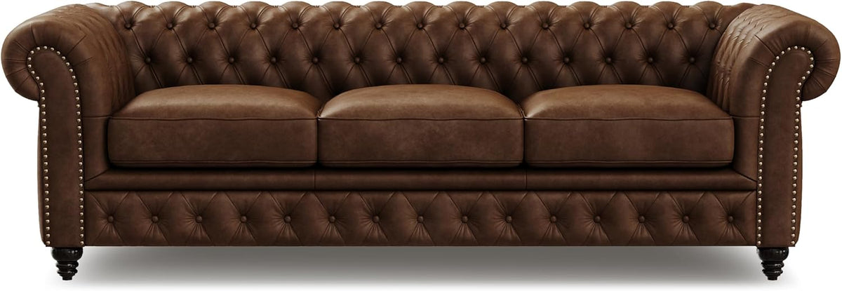 Valencia Parma 92" Leather Chesterfield Sofa, Premium Leather Upholstery, 3 Seater with Button-Tufted Back, Solid Wood Feet, Mid-Century Modern Design for Living Room (Lipari Chocolate)