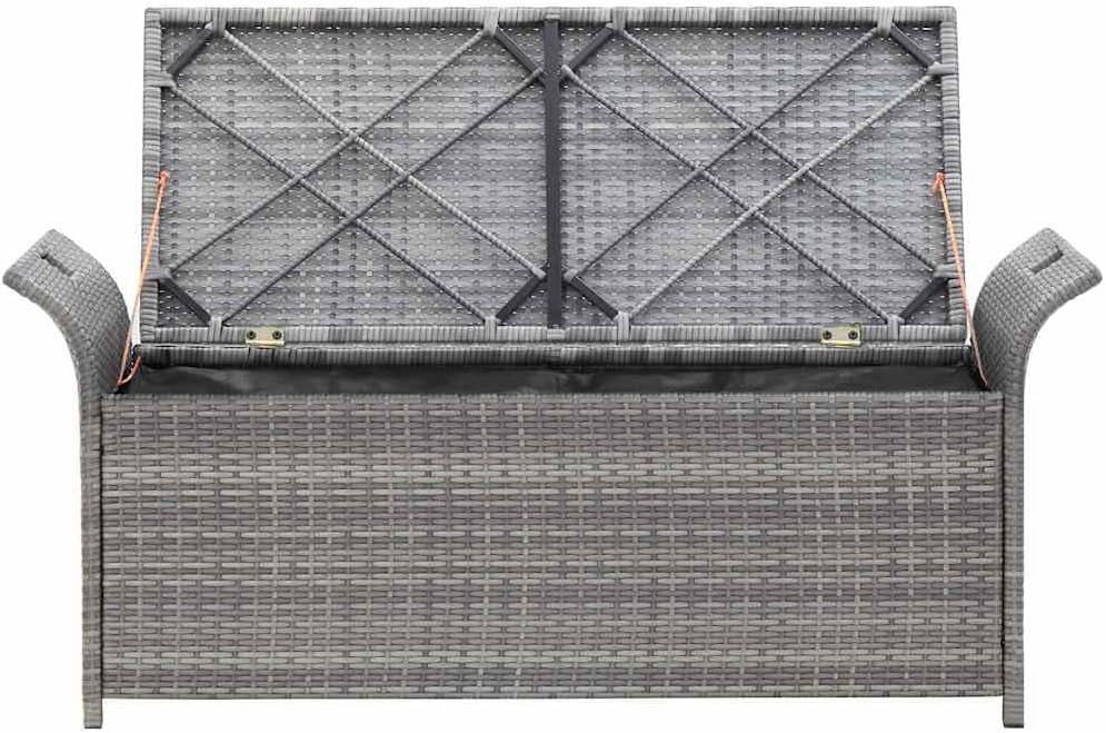 Poly Rattan Patio Storage Bench with Cushion, 54.3" Waterproof PE Outdoor Bench with Large Storage Space and Removable Polyester Cover, Gray