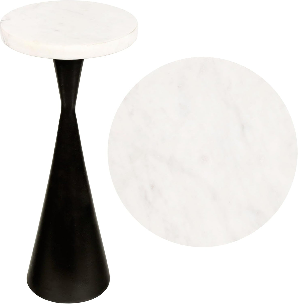 Eyely DNE4003B Liv 22" Designer Metal Drink Table and Decorative End Table w/White Marble Round Top and Cone Pedestal Base for Living Room, Bedroom, Antique Black