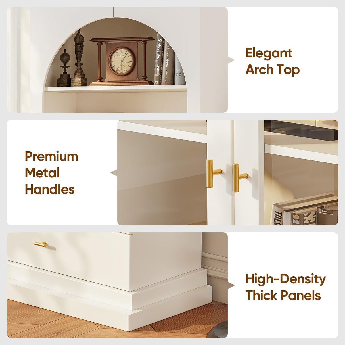 Vyre 71" Arched Kitchen Cabinet, Double Glass Door Display and Storage Cabinets with Drawers, Modern Pantry for Dining Room or Living Room, White with Gold Handles, 2 of Set