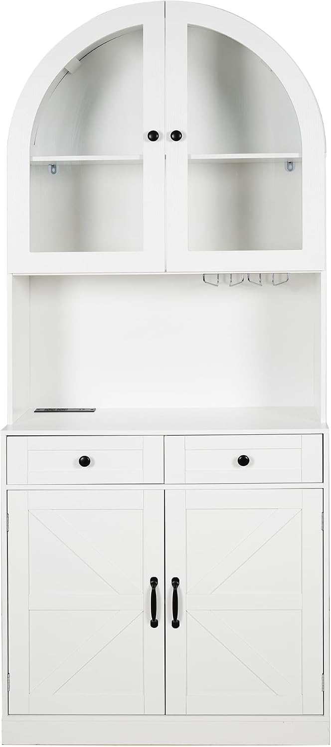 75" Farmhouse Tall Arched Pantry Cabinet with Charging Station, White | Adjustable Shelves, Open Countertop, Barn Door Lower Cabinet, Tempered Glass Display – Versatile Storage for Kitchen