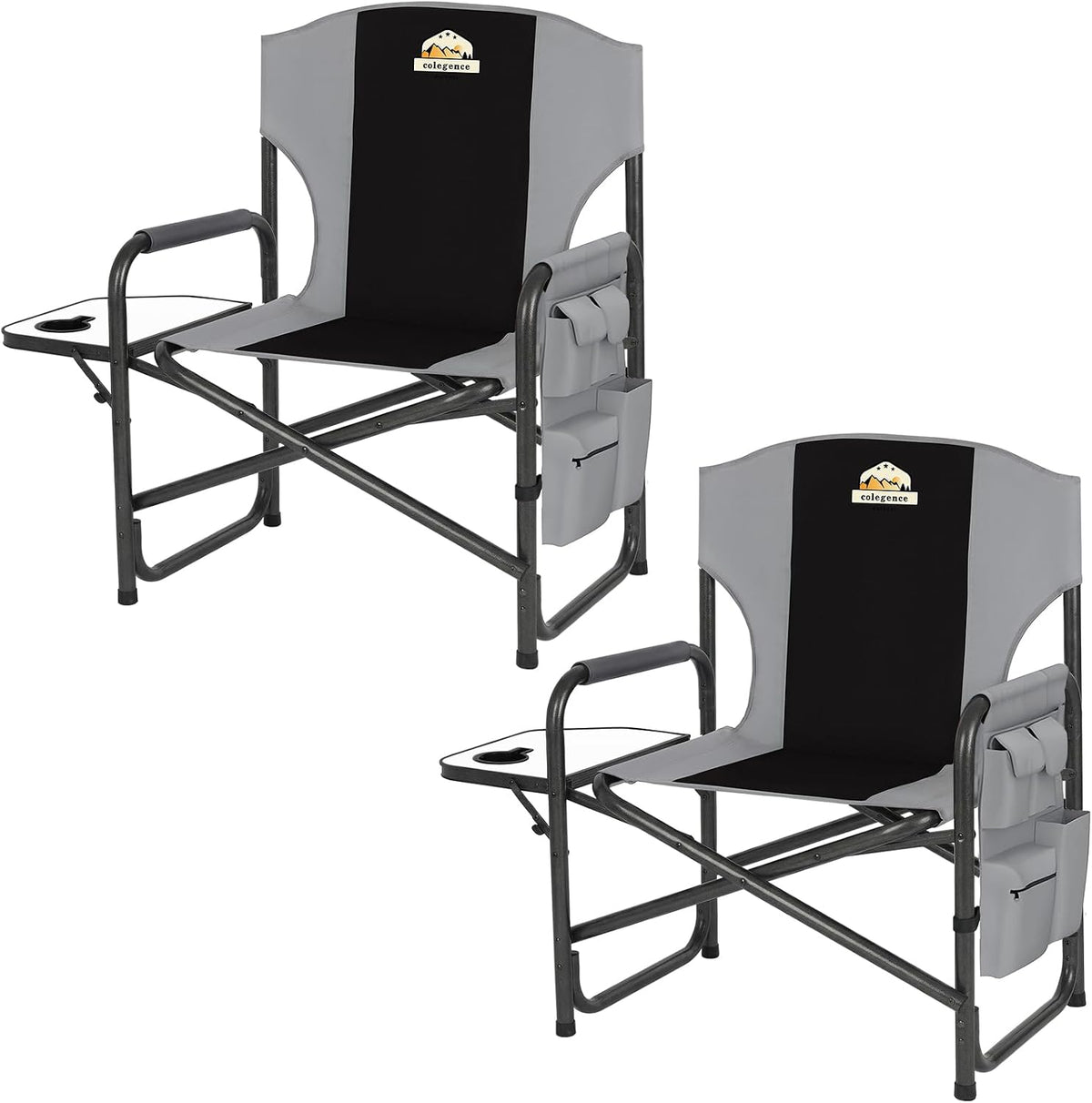 Colegence Oversized Directors Camping Chairs, 2 Pack, 600 lb, Black | Heavy duty outdoor chairs for adults, 28" wide seat, supportive back, side table, cup holder, detachable storage pocket