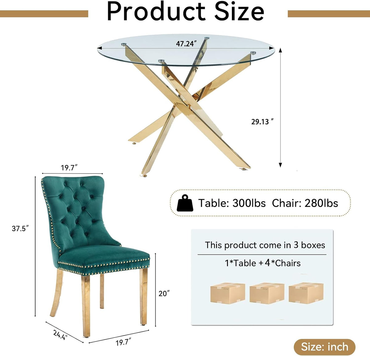 Round Glass Dining Table Set for 4, Small Kitchen Table Set for 4, 47" Circle Glass Dinner Table and Green Velvet Chairs Set of 4,5 Piece Round Dining Room Table Set for Dinette Breakfast Cafe Party