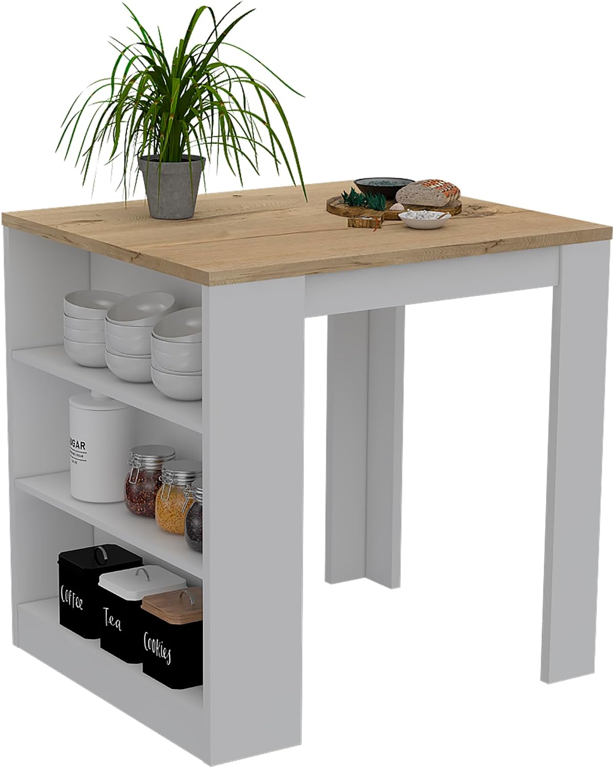 Kitchen Island with Three Drawers and Concealed Storage | Three open shelves for storage or decor display