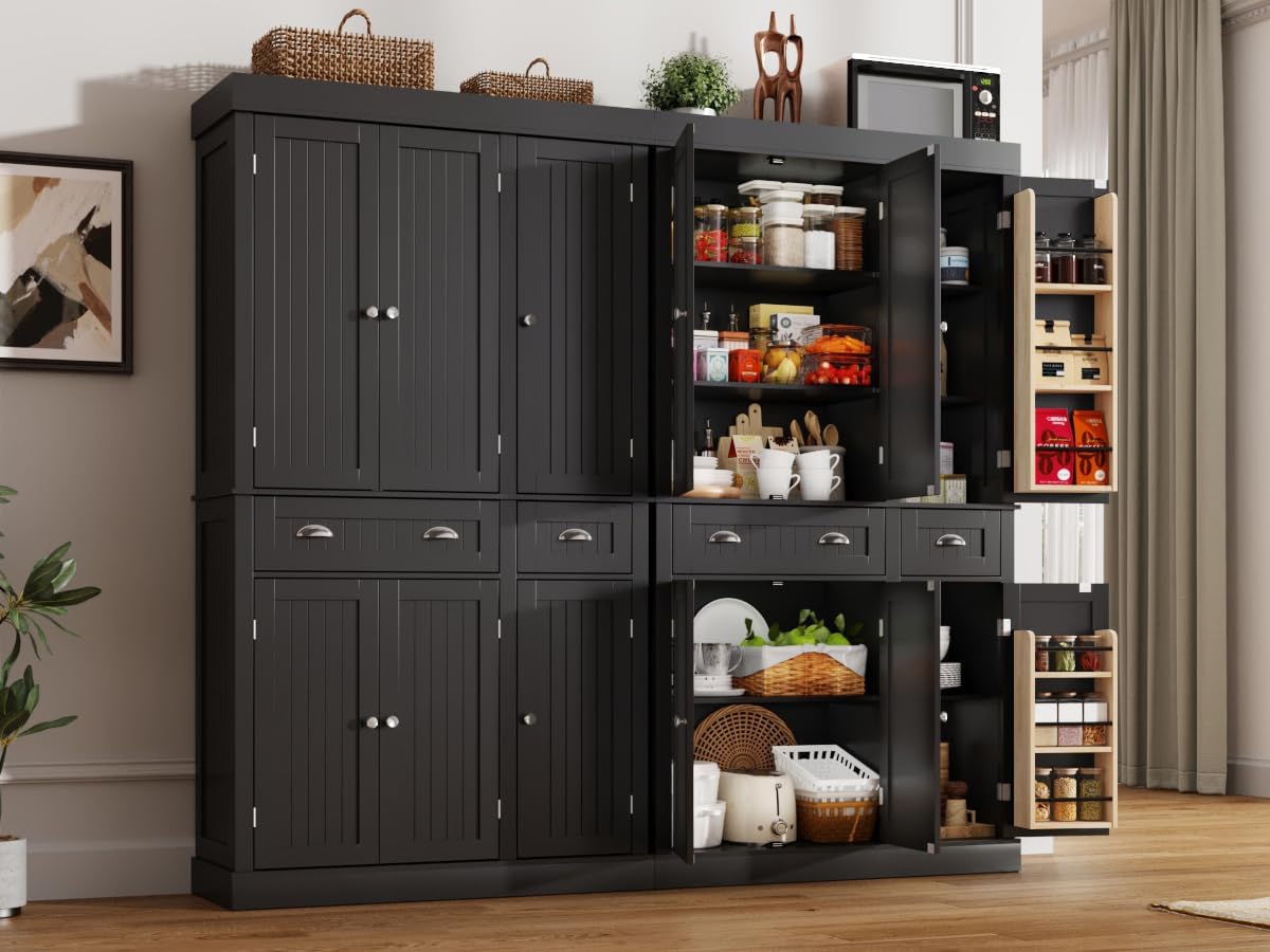 71" Tall Kitchen Cabinet Pantry Storage,Modern Kitchen Hutch Cabinet with Doors and Adjustable Shelves,Large Freestanding Food Pantry with 2 Drawer for Dining Room, Living Room, Hallway,Black