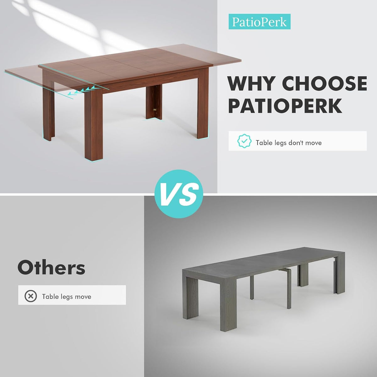 PatioPerk 54.3" to 84.5" Rectangular Extendable Dining Table, Solid Wood Expandable Kitchen Table with Hidden Leaf, Space Saving Dining Table for 4-8 People, Modern Dining Room Table(Bright Brown)