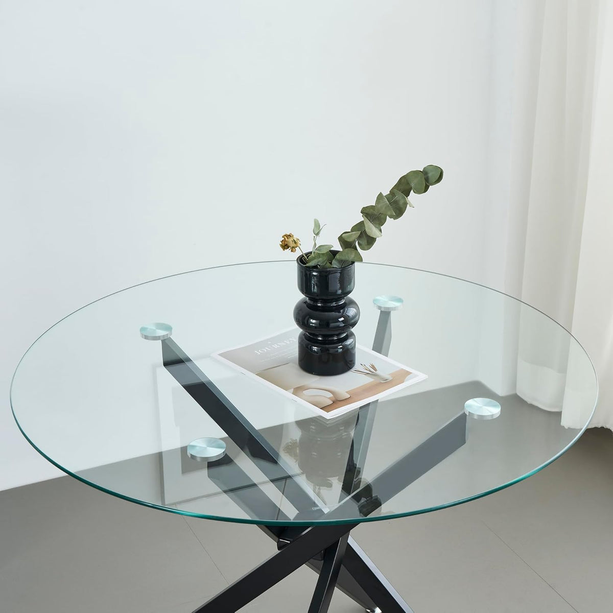 Modern Dining Table for 4-6 People, 47" Round Dining Table with Black Chrome Metal X-Base, Circle Tempered Glass Dining Room Table, Small Kitchen Dining Room Tables Dinner Tables