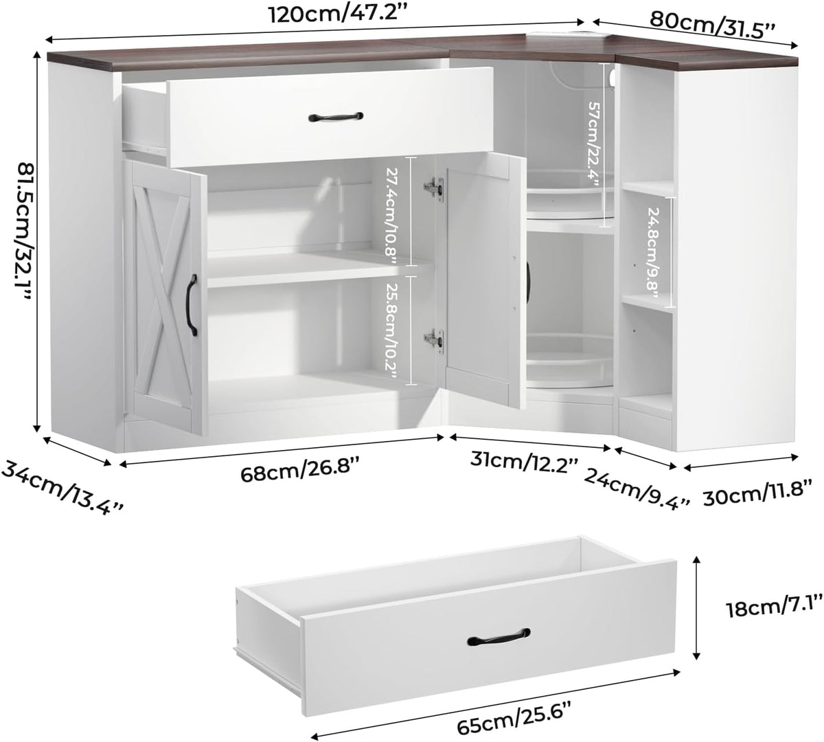 Corner Cabinet w/Charging Station, Kitchen Pantry w/Lazy Susan Turntable | Farmhouse Food Pantry Cabinet w/Drawer & Doors & Adjustable Shelf, L-Shaped Sideboard for Dining Room (White)