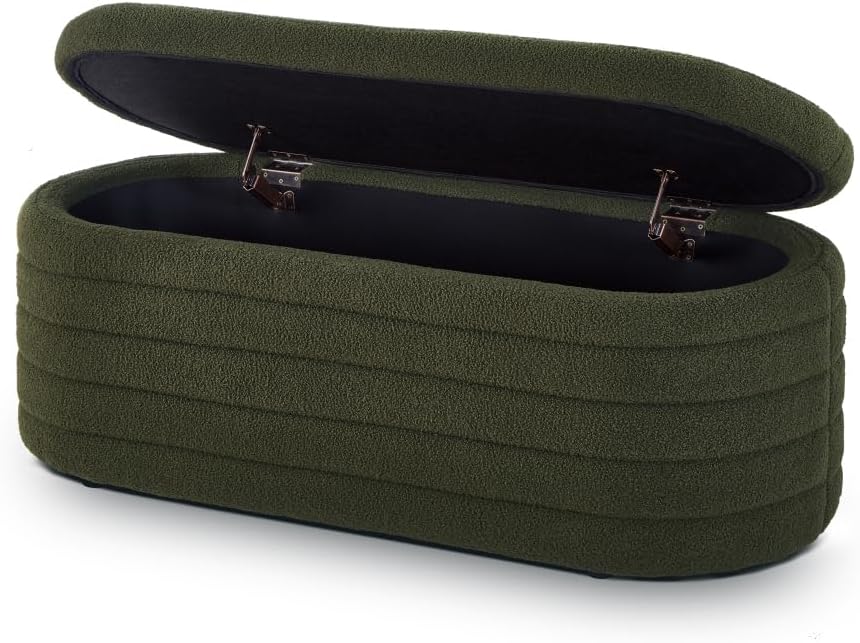 Modern Oval Storage Ottoman Bench, Upholstered Boucle Teddy Fabric End of Bed Bench with Storage, End of Bed Stool with Safety Hinge for Bedroom, Living Room, Entryway, White (Dark Green)