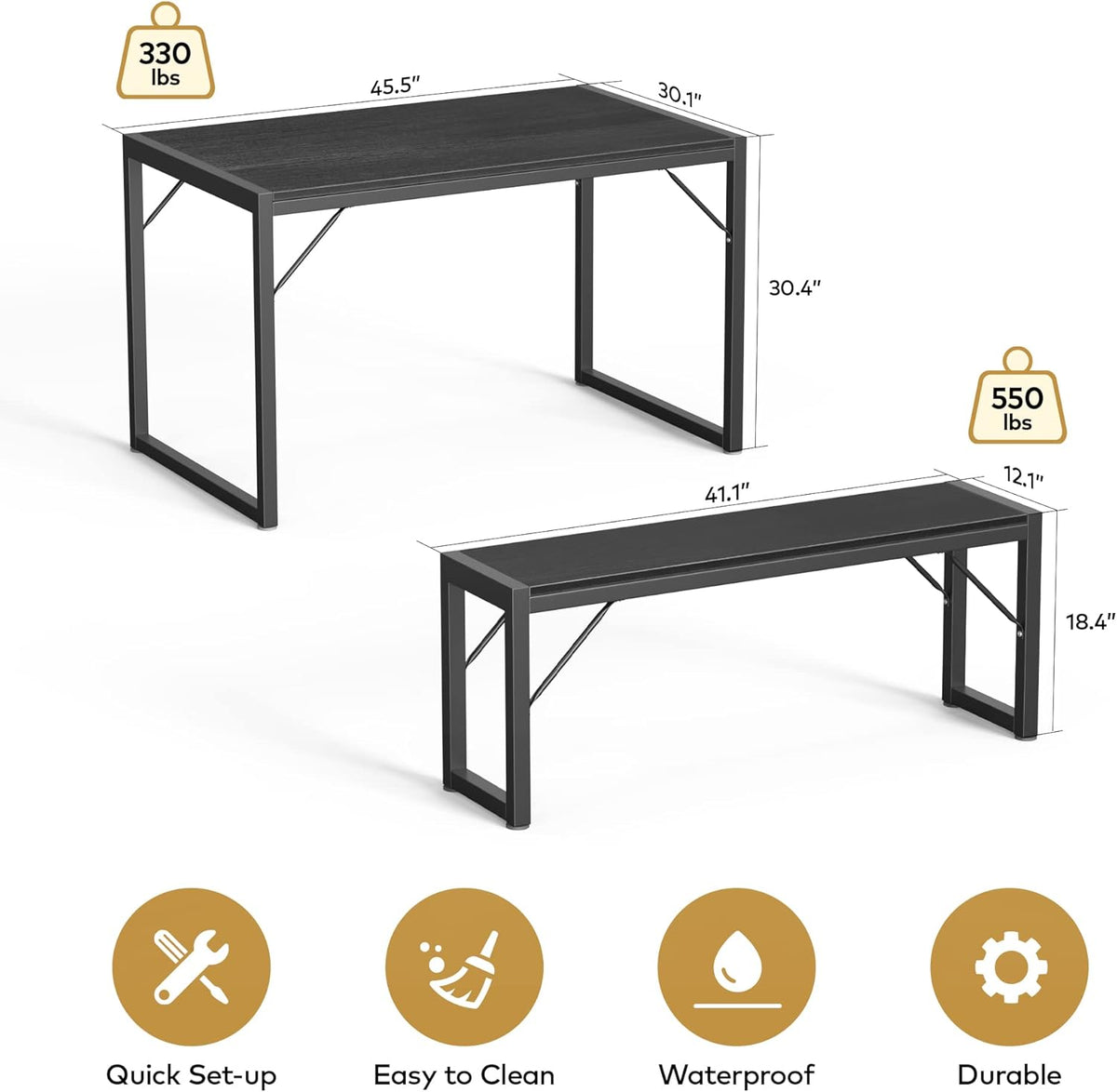 Gizoon 45.5" Dining Table Set for 4, Kitchen Table with 2 Benches Black | Space-saving black 4-person table set with 2 benches. Steel frame & MDF board. Benches tuck under table. 330lbs capacity.