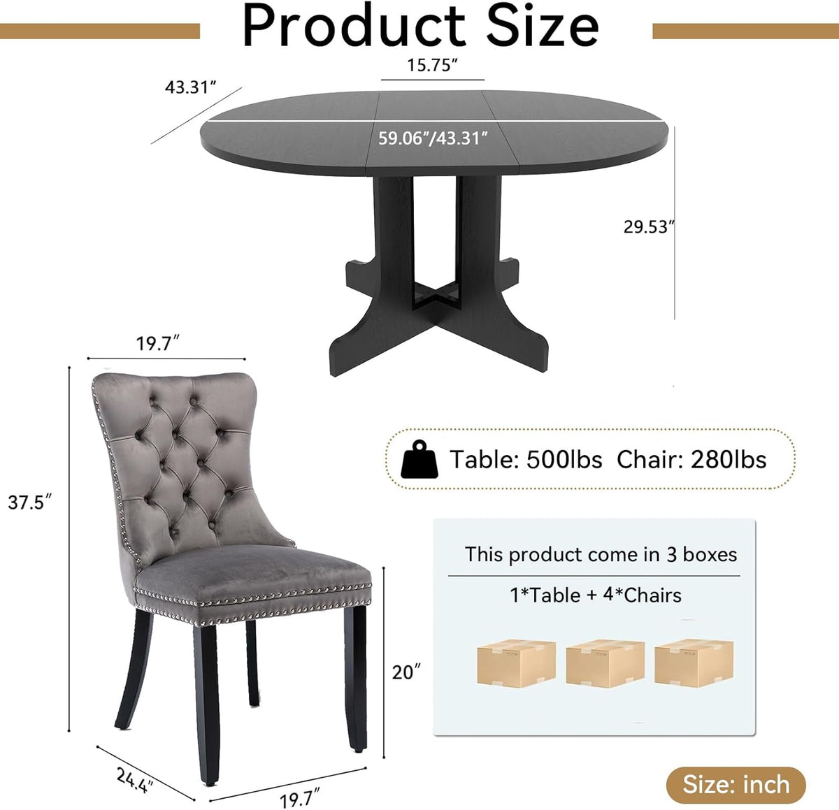 Henf 5 Piece Round Extendable Dining Table Set for 4, 43"-59" Wood Oval Expanding Kitchen Table with 4 Chairs, Space Saving Extendable Dining Room Tables with Pedestal Base (Black & Gray)