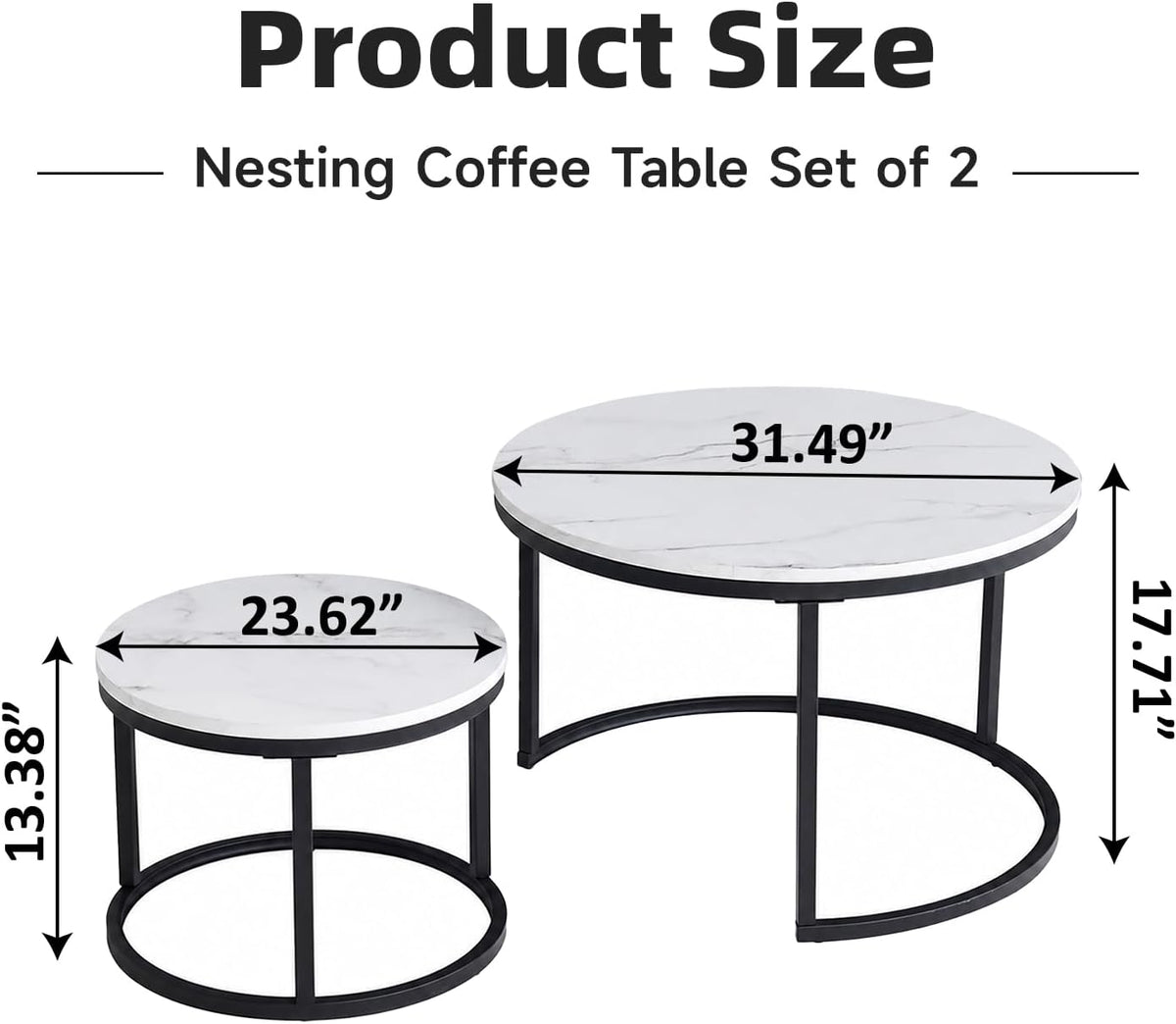 Nesting Coffee Table White Marble Pattern Wooden with Black Frame | 31.49" Round Coffee Tables for Living Room, Waiting Room, Apartment, Office, Balcony, Set of 2