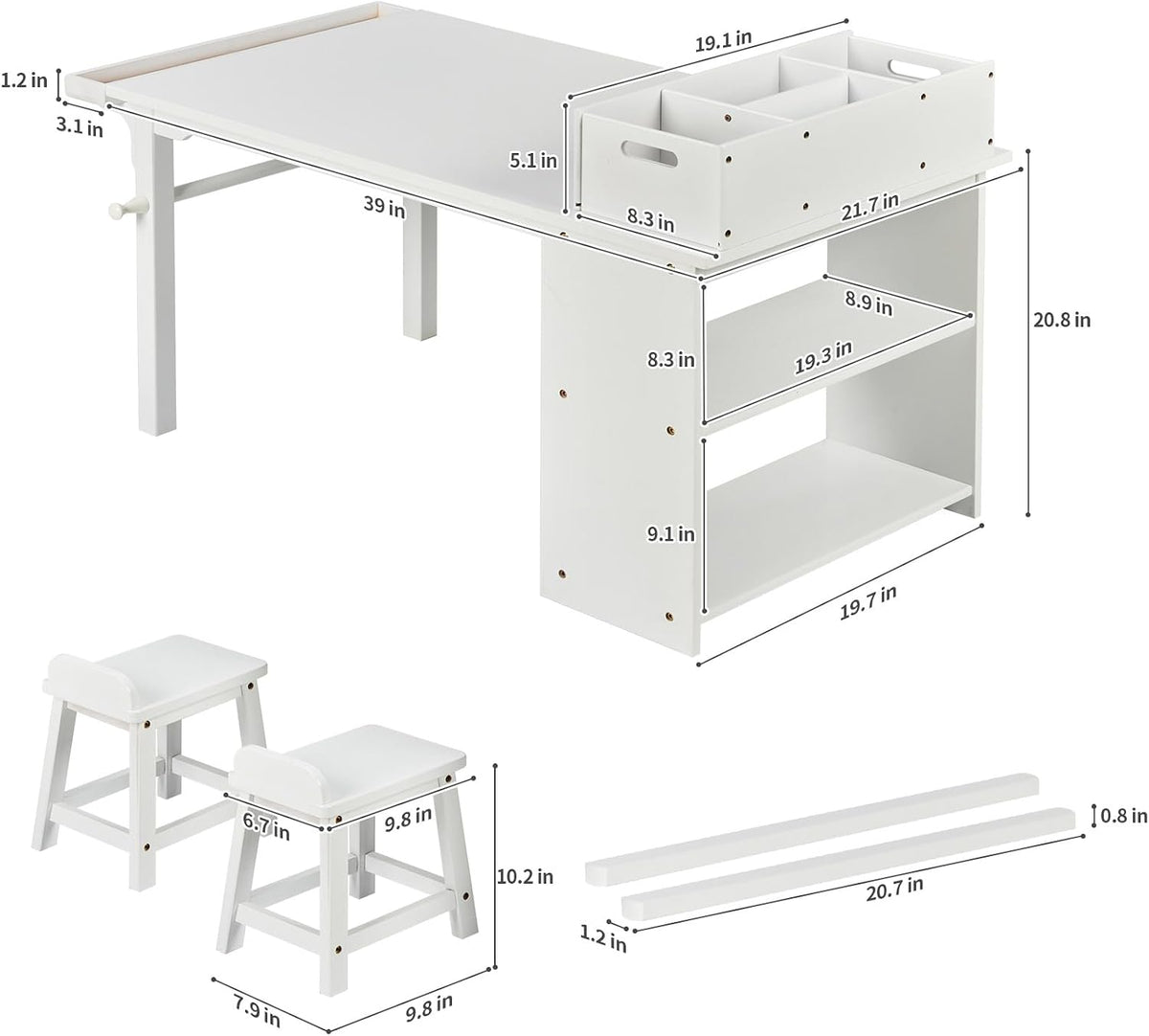 UNICOO Kids Art Table and Chair Set with Paper Roll Holder, Toddler Craft Table with Storage Shelves, Side Supply Tray, Removable Organizer Caddy and 2 Stools, Drawing Activity Desk for Ages 2-12
