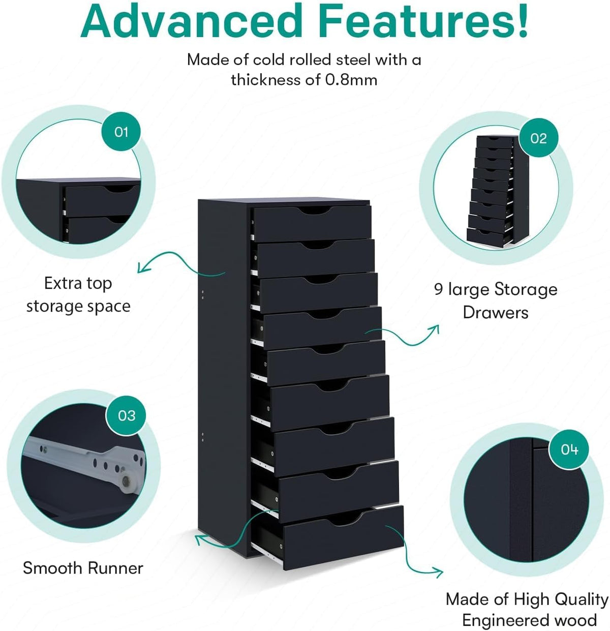 Naomi Home Bianca 9-Drawer Vertical Office File Cabinet - Gray | 9 Spacious Drawers • Tall Vertical Design • Smooth Drawer Operation • Spacious Top Surface • Office Organization