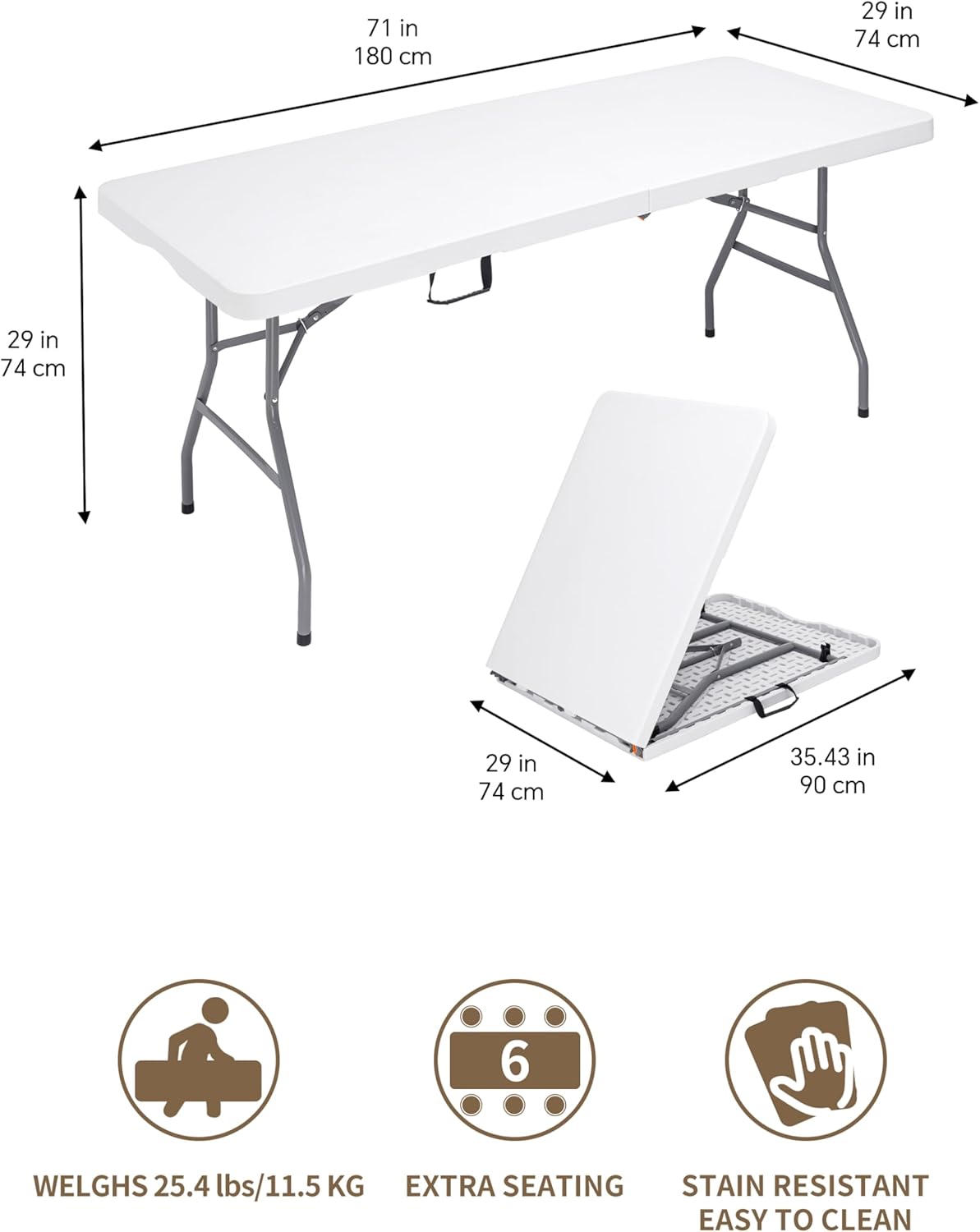 6Ft Folding Table, Heavy Duty Fold-in-Half Portable Plastic White | HDPE portable table indoor outdoor. Camp table, picnic table, party use. Lightweight holds 350 lbs. Easy fold side table