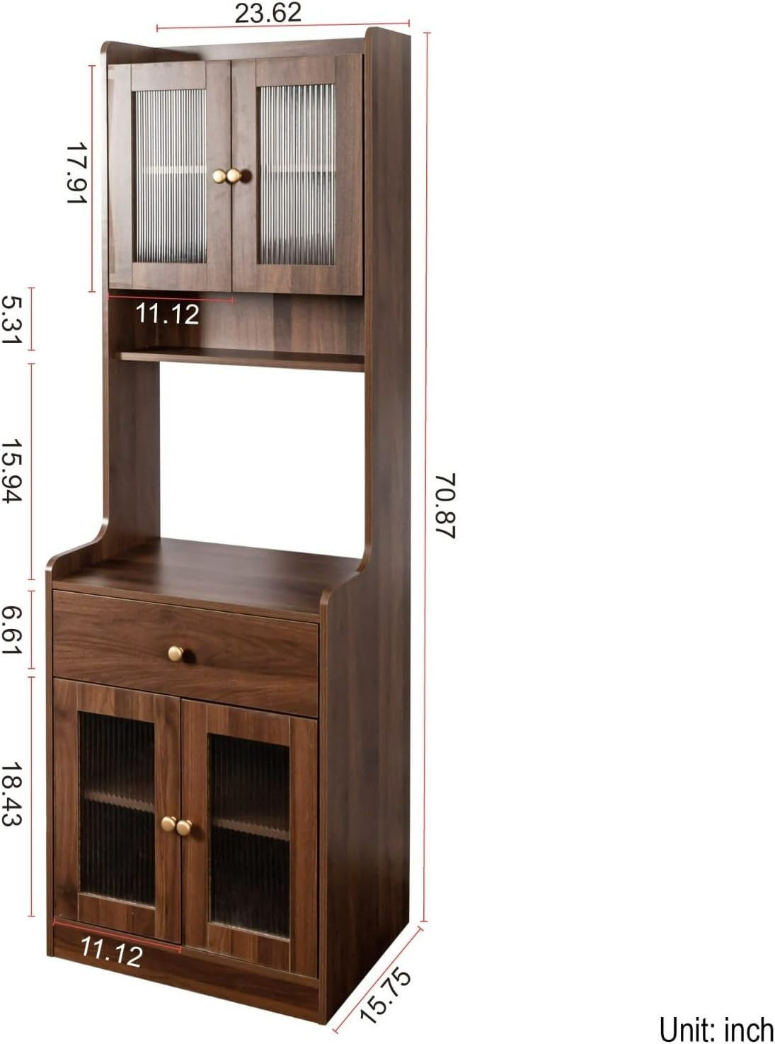 Kitchen Pantry Cabinet with Hutch, Walnut Farmhouse Storage Buffet Sideboard, Coffee Bar Station with Drawer & Glass Doors for Dining Room, Kitchen, Living Room, 70.87" Tall