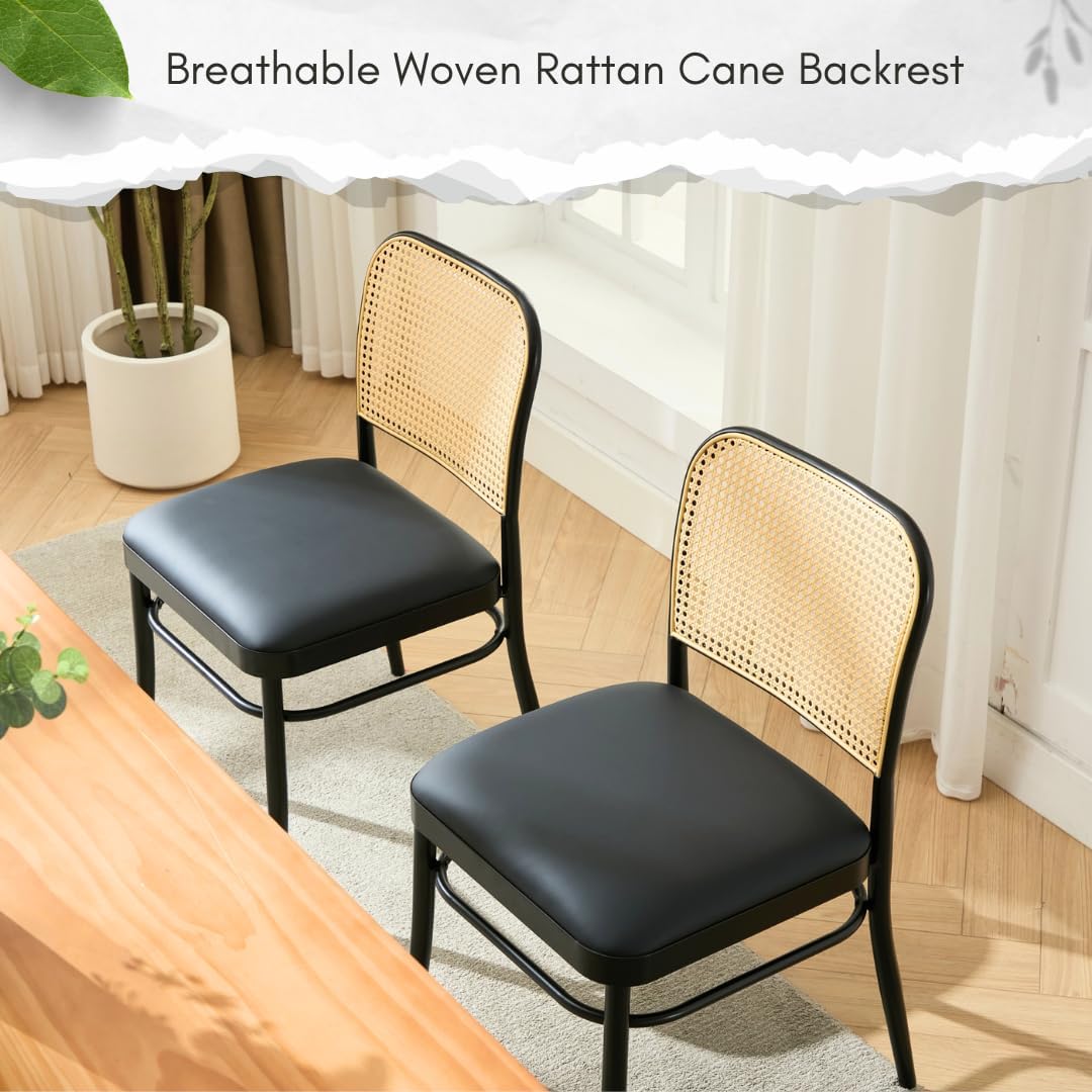 Rattan Dining Chairs Set of 4, Mid-Century Modern, Black | Cane Back Design, Faux Leather Upholstery, Boho Style, Comfortable Padded Seat, 350 LBS Weight Capacity