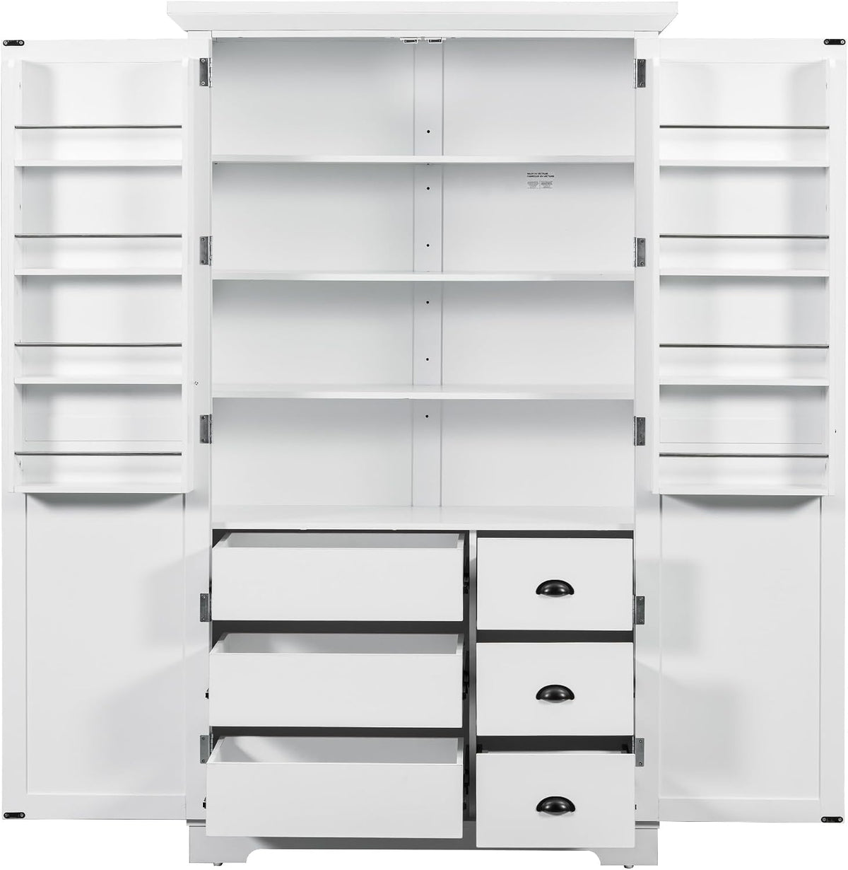 72''H Farmhouse Kitchen Pantry Cabinet, Freestanding Kitchen Pantry with Door Shelves, Adjustable Shelves, and 6 Drawers, Large Cupboard for Dining Room Living Room, White
