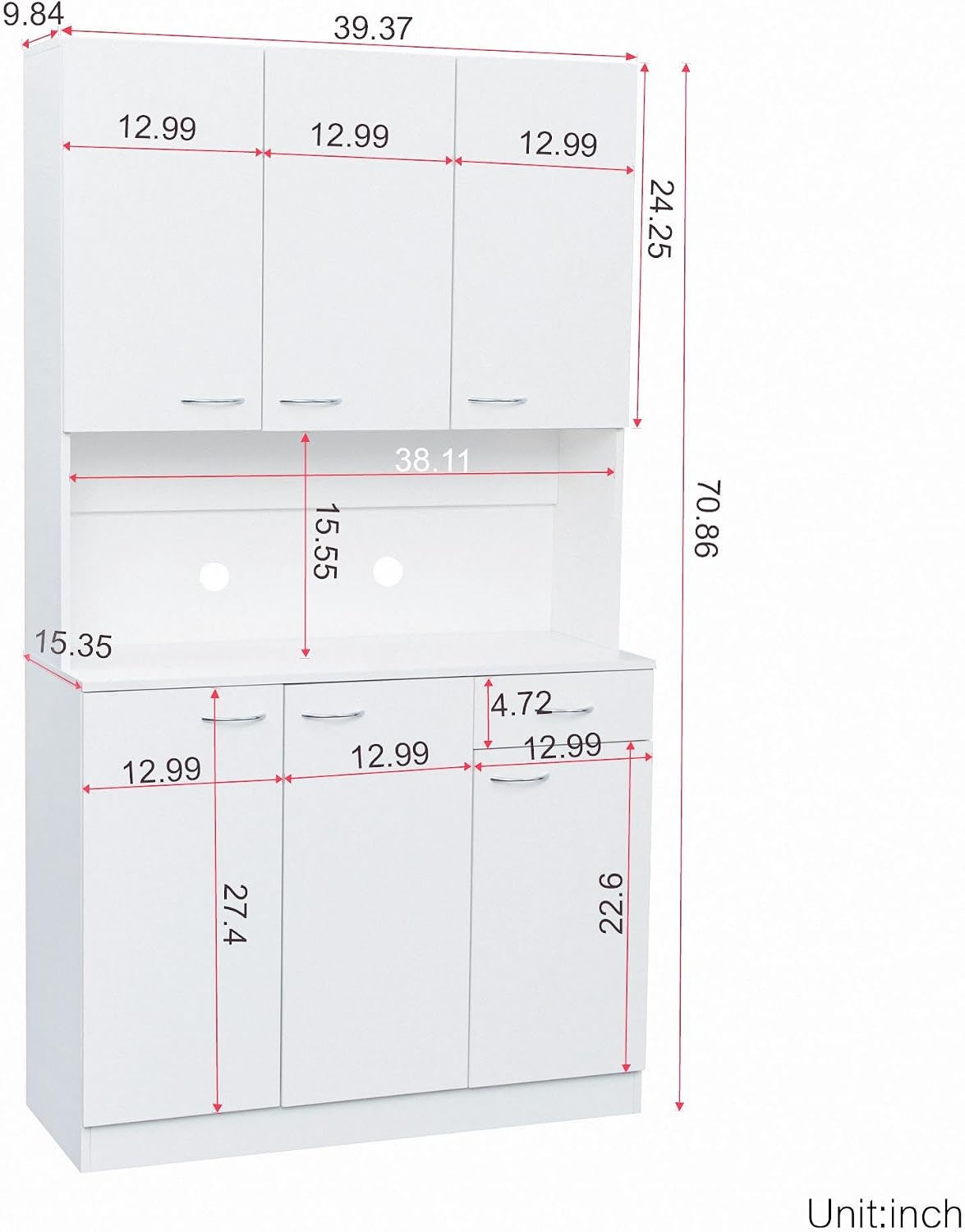 70.87" Tall Kitchen Pantry Storage Cabinet, Freestanding Wood Hutch with 6 Doors, 1 Drawer, with Countertop,Microwave Stand & Food Cupboard, Coffee Bar Organizer for Dining Room,White