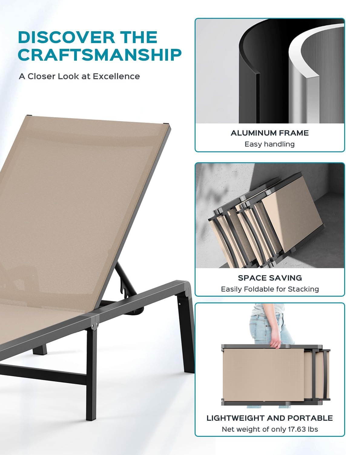Ciokea Aluminum Chaise Lounge Ourdoor - Foldable & Assemble Free Outdoor Lounge Chair with 5 Adjustable Backrest, Patio Lounge Chair for Outside Poolside Beach Pool, Khaki