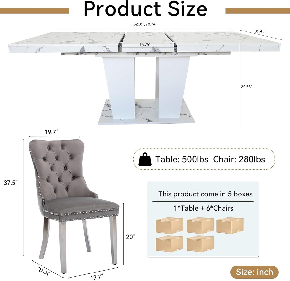 Rustic 7 Piece Dining Table Set, 62.99"-78.74" Extendable Dining Table & 6 Gray Velvet Dining Chairs with Stainless Leg, White Expandable Dining Room Table and Chairs Set