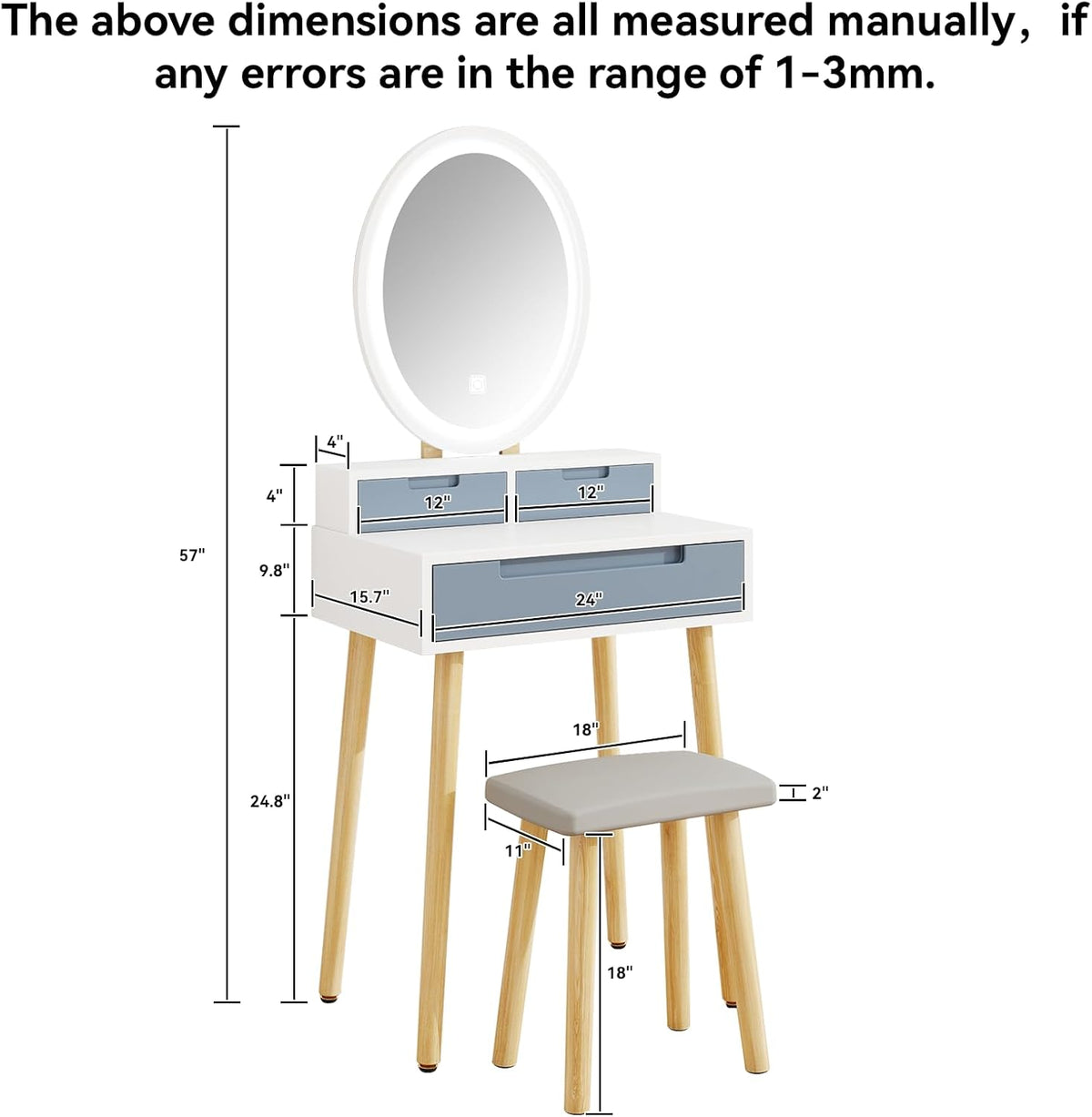 YOURLITE Small Makeup Vanity Desk with Mirror and Lights | Compact Vanity, 3 Lighting Modes, Adjustable Brightness, 3 Drawers, Cushioned Stool