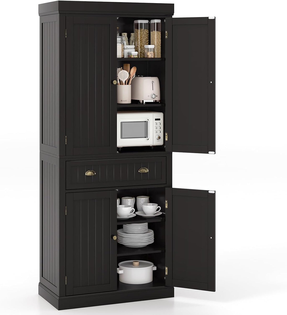Tangkula 72" H Kitchen Pantry Cupboard Cabinet, Traditional Freestanding Large Tall Storage Cabinet with 2 Cabinets and Drawer, Adjustable Shelves, for Living Room Kitchen, 30 x 16 x 72 Inch