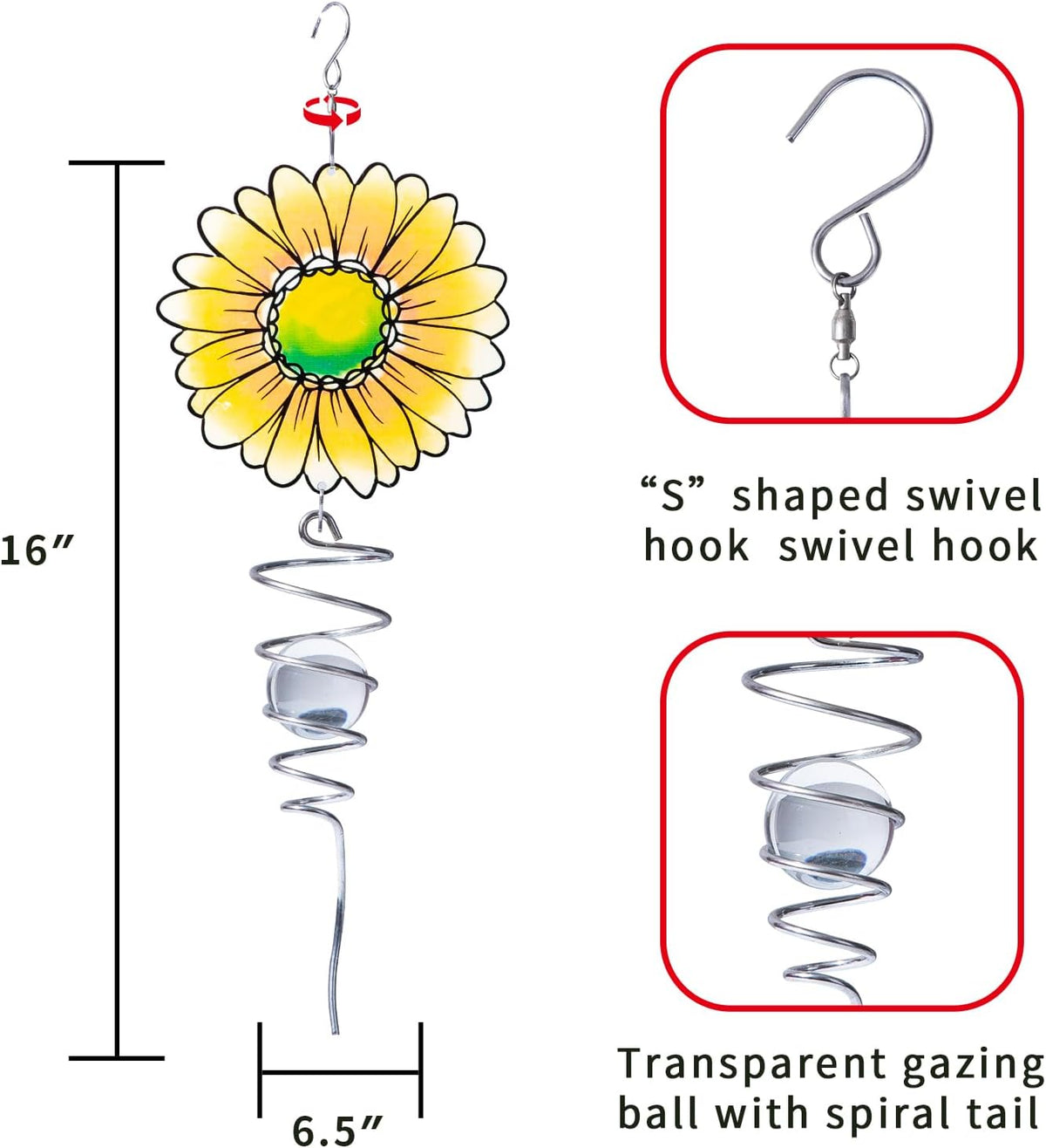 18" Wind Spinner Outdoor Hanging Metal Figurine Spinner for Garden Décor Ornaments,Lawn Yard Patio,Sunflower