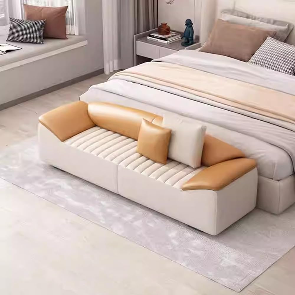 Modern Bed End Stool for Bedroom Living Room Bedside Long Bench Cloakroom Sofa Minimalist Couch Entryway(Off-White,Small)