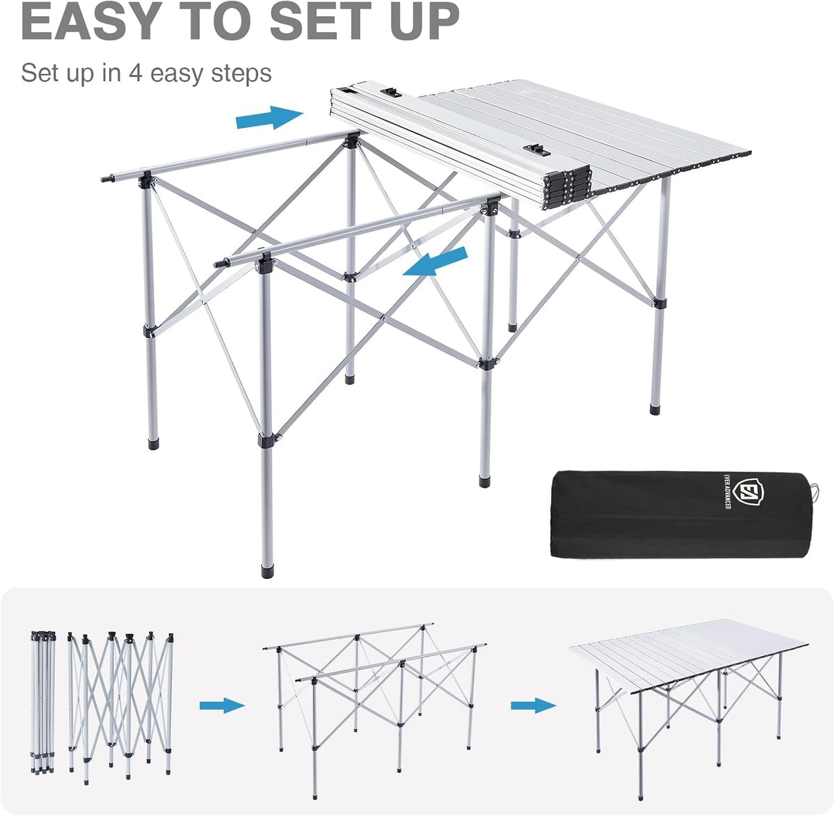EVER ADVANCED Camping Table, Fold up Lightweight, 4-6 Person Portable Roll up Aluminum Table with Carry Bag for Outdoor, White