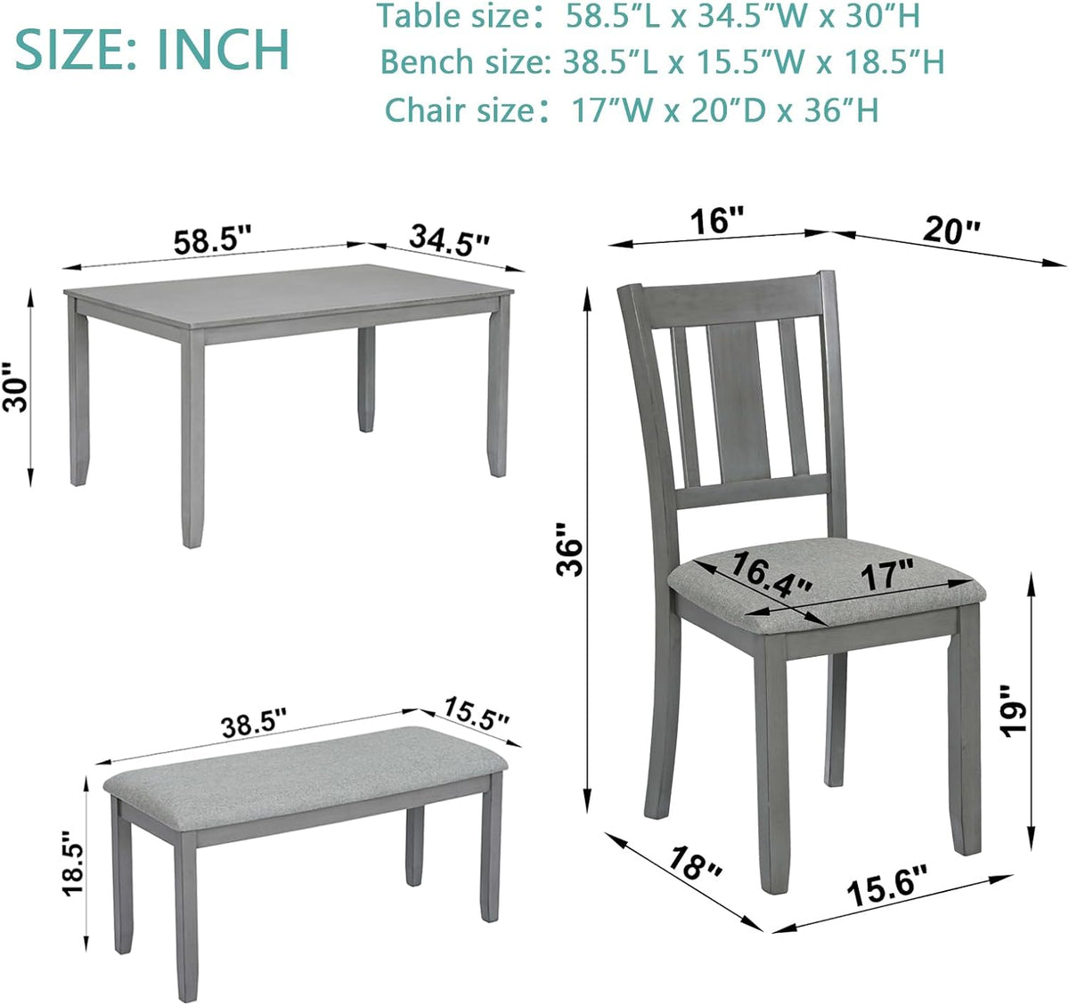 KEIKI 6-Piece Standard Height Dining Table Set with Rectangular Table, 4 Upholstered Slatted Backrset Chair, Bench, for 6 Person, Modern Style Table Set, Easy Assembly, for Kitchen, Dining Room, Gray