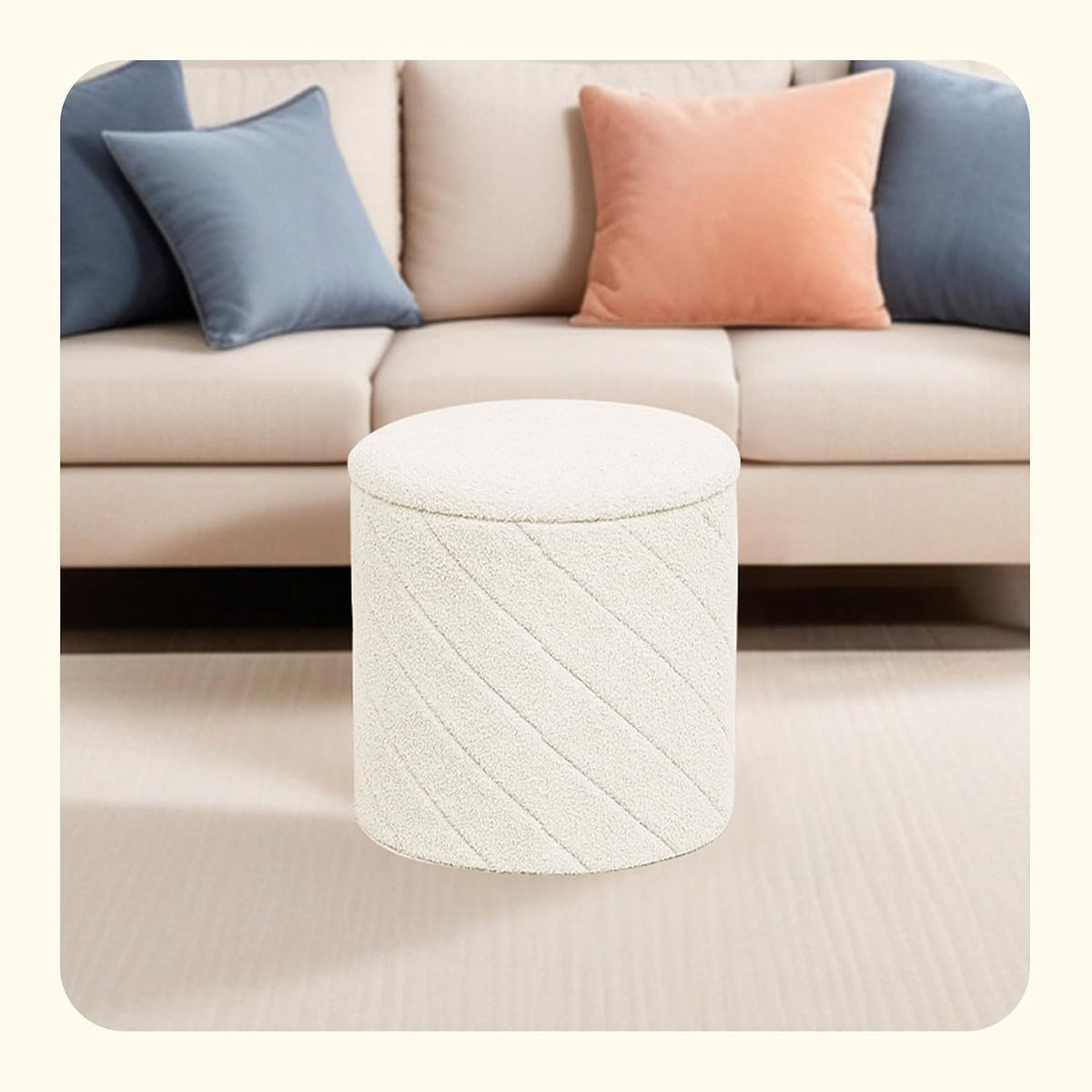 PINPLUS Ottoman with Stroage Round Boucle Ottoman and Tray Sherpa Removable Foot Stool Coffee Table for Dorm, Living Room White, 16.9"x16.9"x17.7"