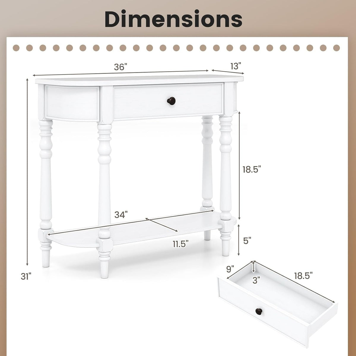 Giantex 2-Tier Narrow Console Table, 36" White Entryway Table with Storage Drawer & Elegant Legs, Wooden Sofa Table with Open Shelf for Living Room, Foyer, Hallway, Bedroom, Entrance