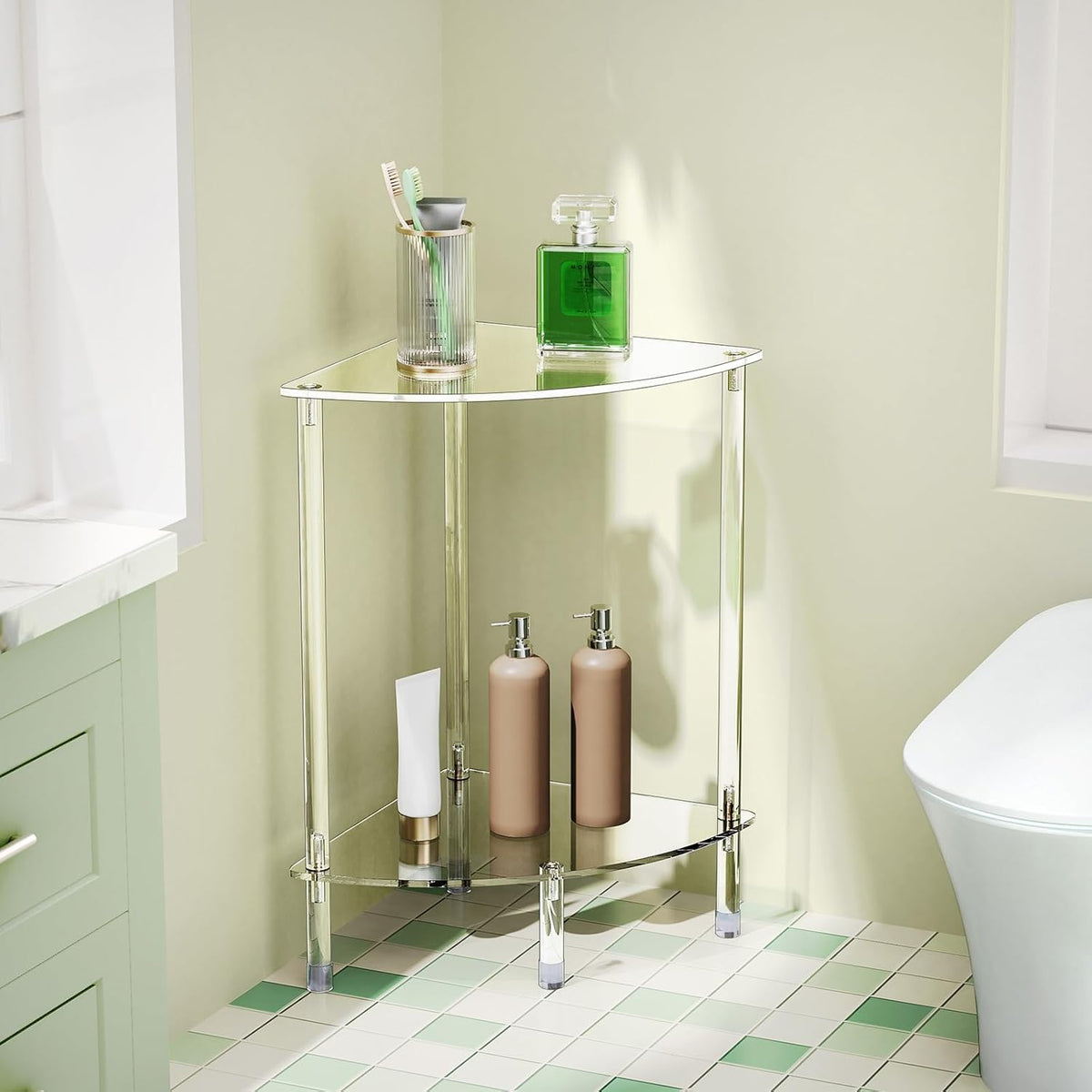 Clear Triangle Acrylic Side Table for Small Space, 11.81" L x 11.81" W x 19.82" H, 2-Tier Corner Shelf Stand End Table for Living Room Bedroom, Corner Display Rack Storage Shelf for Bathroom