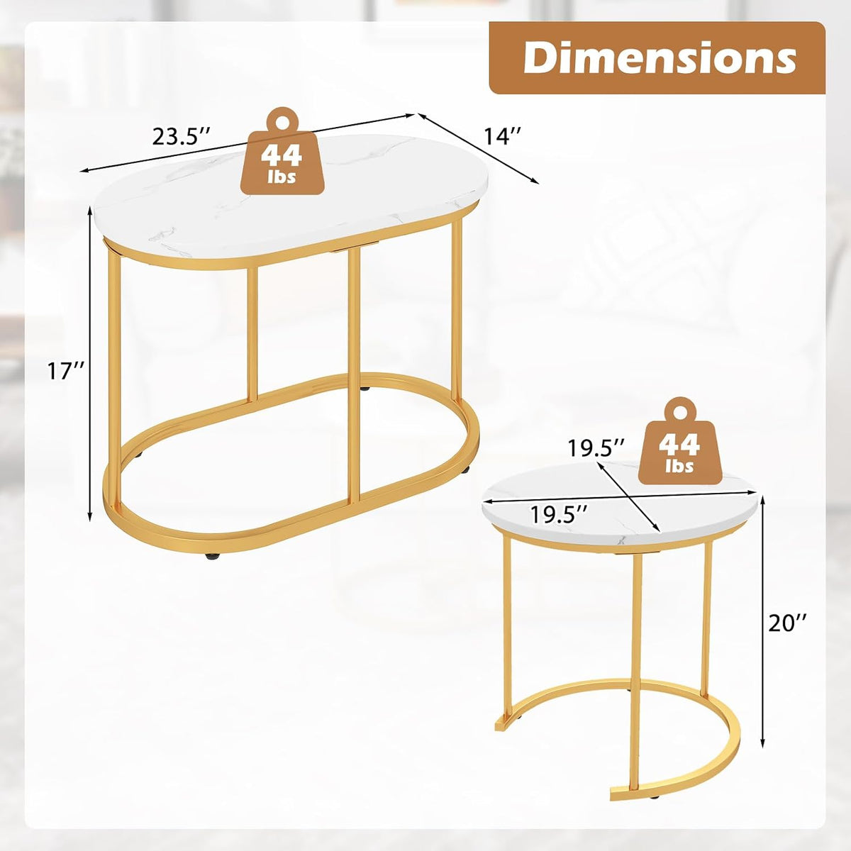 LDAILY Nesting Coffee Table Set with Marble-Look Top, 2-Piece | Golden Steel Frame, Easy Assembly, Accent Stacking Side Table, for Bedroom, Living Room, Apartment