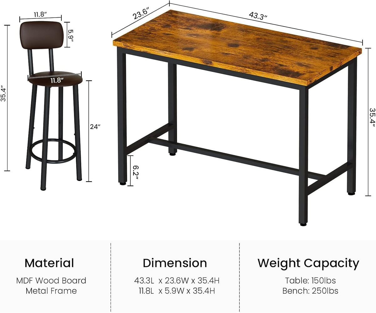 Lamerge Bar Table Set for 4 Kitchen Table and Chairs Set, Industrial Dinner Table with 4 PU Upholstered Stools Kitchen Pub Table for Kitchen, Space Saving, Restaurant (Rustic Brown and Black)