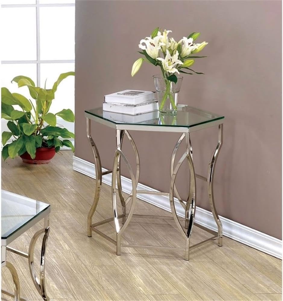BOWERY HILL Contemporary Metal End Table, Chrome Finish, Hexagon 8mm Tempered Glass Top, Steel Frame with Circular Side Panels, Modern Geometric Design for Living Room