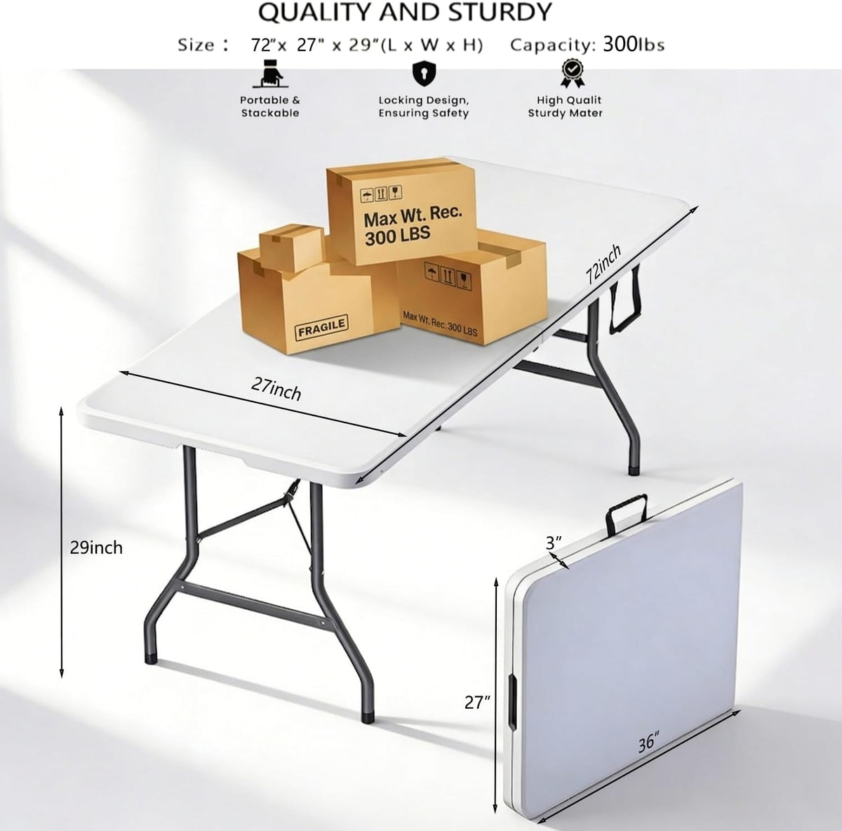 6FT Folding Table,Portable White HDPE Utility Table with Carry Handle | Durable HDPE tabletop.Reinforced steel frame with safety locking legs.Fold in half design with carry handle.Weather resistant