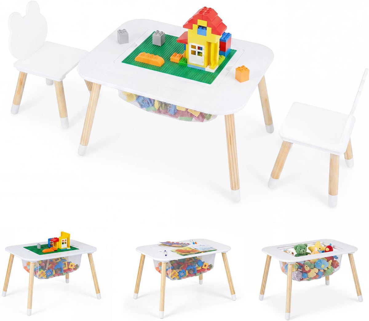 Olakids Kids Table and Chair Set, 4 in 1 Wooden Building Blocks Activity Desk with Reversible Tabletop Storage Basket, Toddler Furniture for Crafts Learning Dining