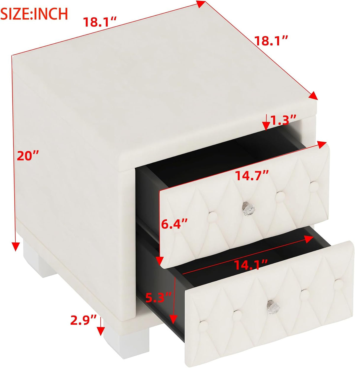 Elegant Velvet Nightstand with 2 Drawers and Crystal Handle, Storage Bedside Table with Button-Tufted,for Small Spaces