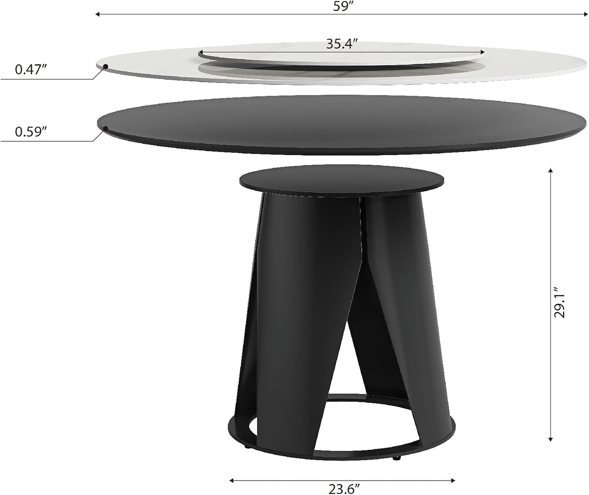 Montary 59" Modern Round Dining Table, Turntable Faux Marble Kitchen Table with Lazy Susan, Sintered Stone Tabletop Dining Room Table for 6-8 Person, with Black Metal Pedestal