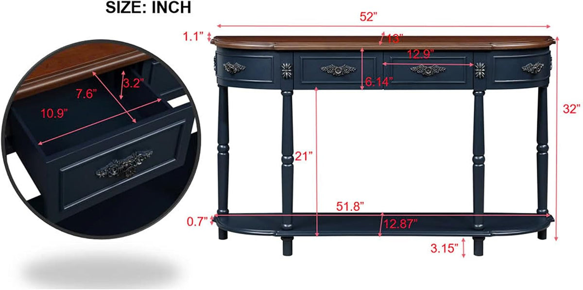 P PURLOVE Curved Console Table with 2 Drawers, Retro Sofa Table with Solid Wood Frame and Legs, Half Moon Entry Table for Home Kitchen Entryway (Navy Blue)
