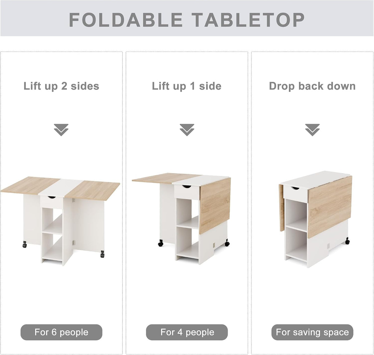 Mondeer Folding Dining Table with Drawer and Shelves, Oak & White | Drop Leaf Kitchen Table with 1 Drawer and 2 Storage Shelves in Modern Style for Small Spaces and Seats 4-6 People.