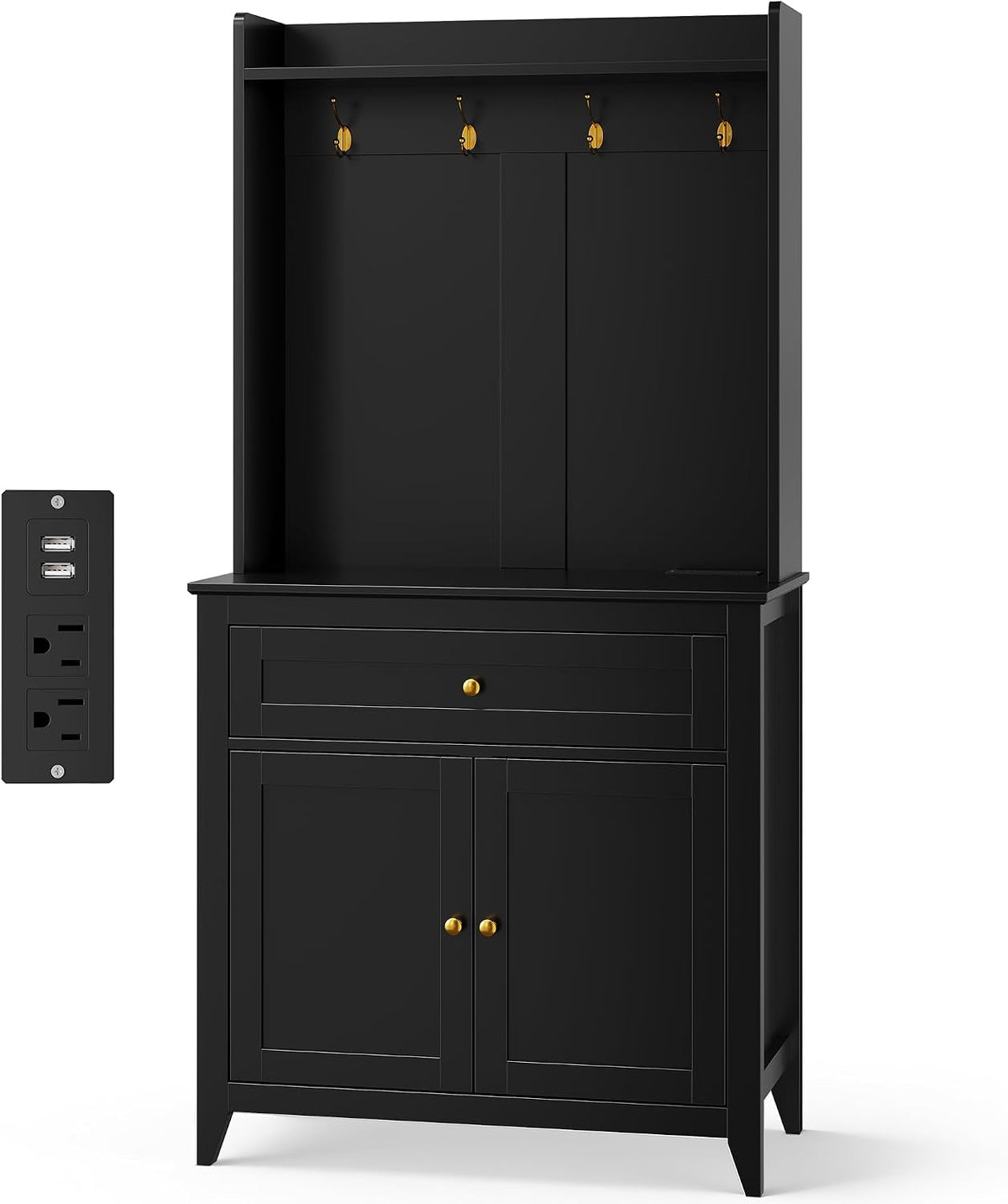Garvee Pantry Cabinet with 4 Hooks, Kitchen Pantry Cabinet, Coffee Bar Table with Drawer & Adjustable Shelves, Black